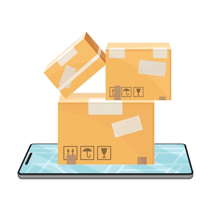 Vector una pila de cajas de cartón en la pantalla de una ilustración vectorial de un teléfono inteligente