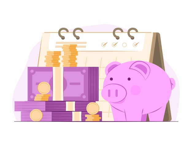 Una pila de cajas de dinero en efectivo y un calendario para el ahorro y el concepto de disciplina financiera
