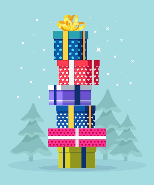 Pila de cajas de regalo. Feliz navidad, ilustración