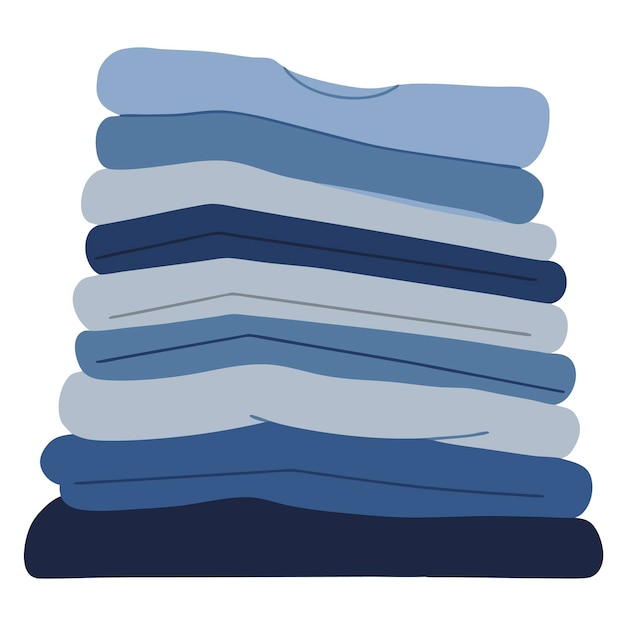 Una pila de camisas azules cuidadosamente plegadas en varios tonos para la exhibición de ropa organizada