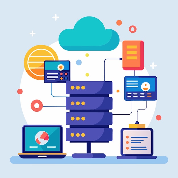 Una pila de computadoras y portátiles debajo de una nube Web hosting tecnología de almacenamiento de bases de datos en línea Ilustración vectorial plana simple y minimalista