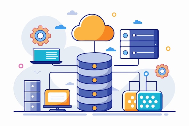 Una pila de datos con una nube flotando por encima de ella Sistema de gestión de bases de datos alojamiento web Ilustración vectorial plana simple y minimalista