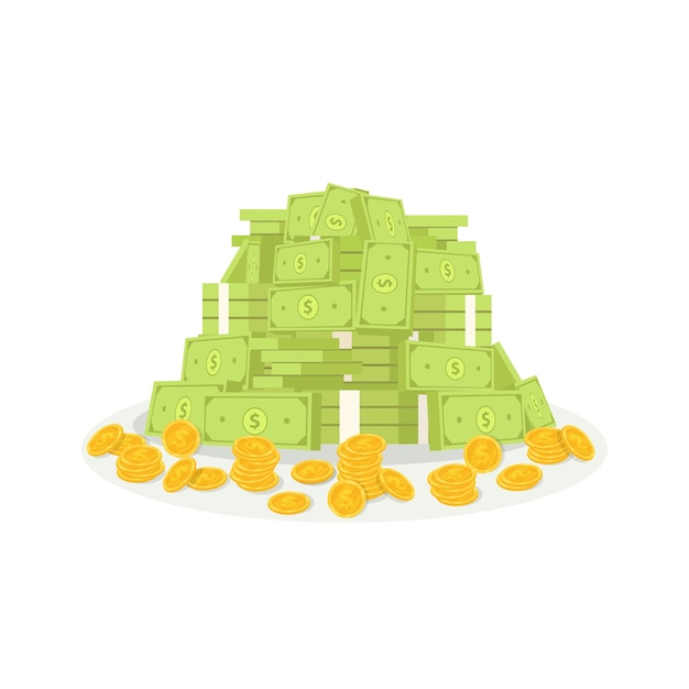 Vector pila de dinero y monedas. ilustración de vector de dinero dólares.