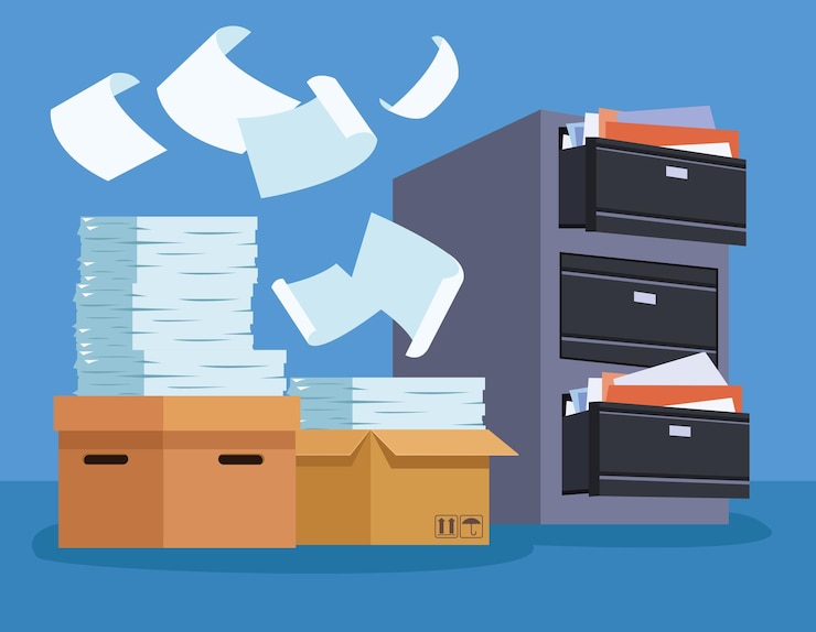 Vector pila de documentos y gabinete
