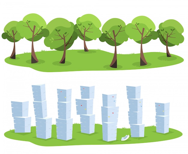 Pila de documentos de oficina como residuos de árboles aislados sobre fondo blanco. árboles vs montones de papel. ilustración plana