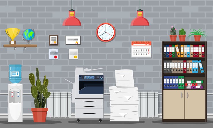 Vector pila de documentos en papel e impresora. interior del edificio de oficinas. pila de papeles. montón de documentos de oficina. rutina, burocracia, big data, papeleo, oficina. en estilo plano
