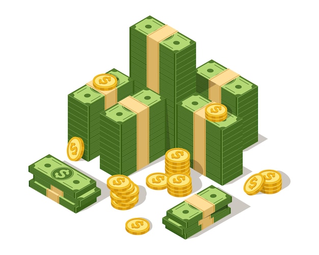 Pila de dólares grandes pila de dinero en efectivo y monedas pila de dólares verdes americanos moneda USD isométrica