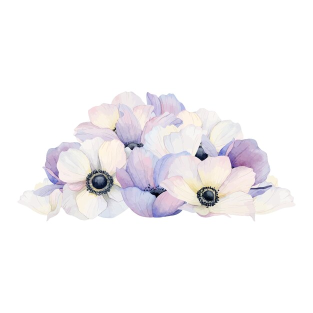 Una pila de flores de anémona púrpura pastel y blanca