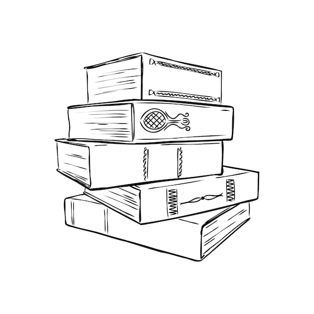 Pila de libros aislados en blanco Ilustración de vector de boceto dibujado a mano