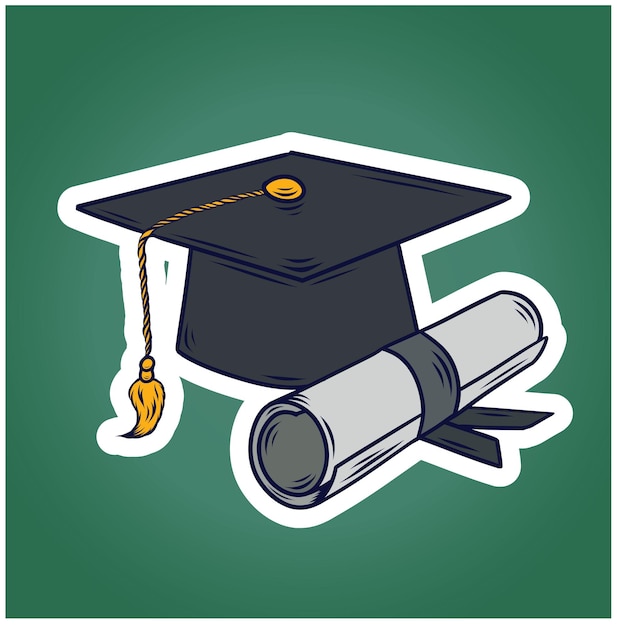 Una pila de libros con boceto de la gorra de graduación Estudiando en el concepto de la escuela universitaria Ilusión vectorial vintage