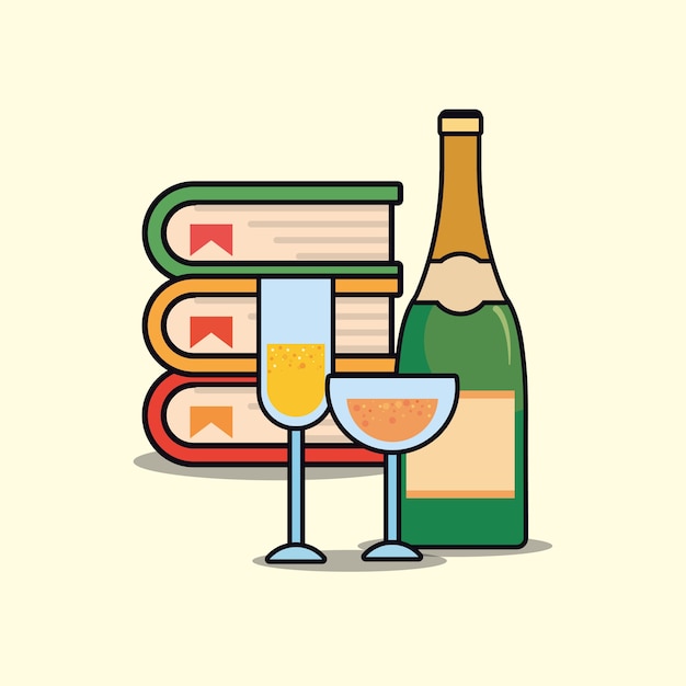 Pila de libros y botella de champán y vasos