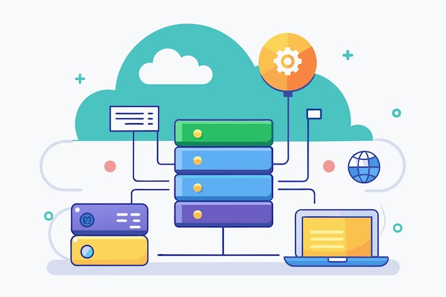 Una pila de libros colocados en una mesa junto a una computadora portátil el sistema hace una copia de seguridad automática de los datos con la nube Ilustración vectorial plana simple y minimalista