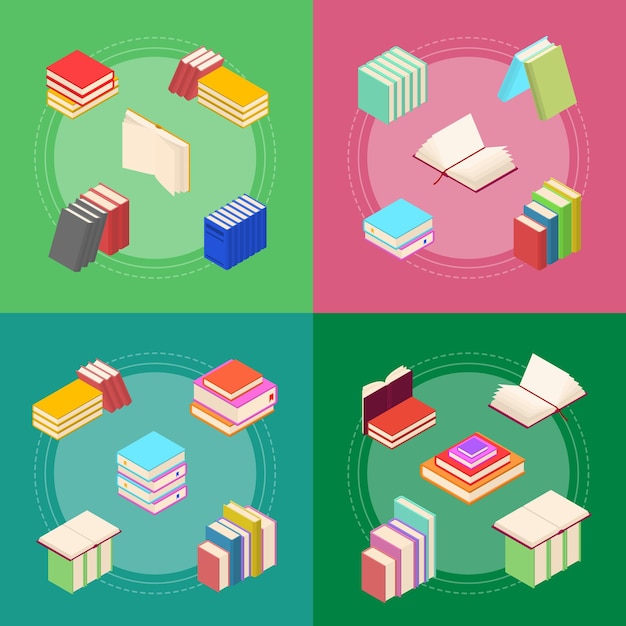 Pila de libros de colores Conjunto de tarjetas de banner Vector de vista isométrica