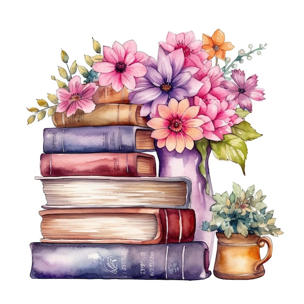 Una pila de libros con flores y una taza de café.