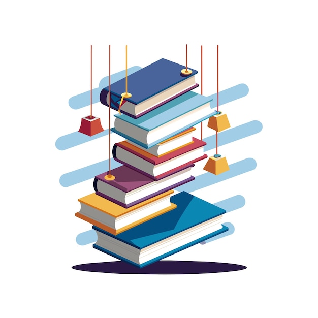 una pila de libros con un fondo azul y blanco