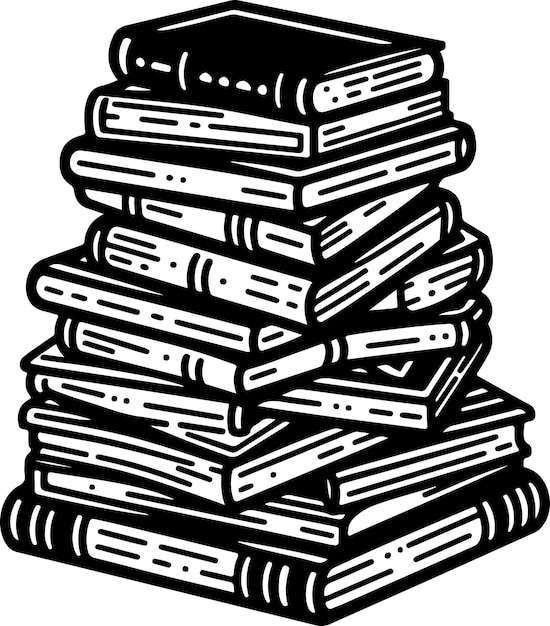 Una pila de libros con una ilustración de contorno negro