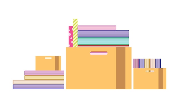 Pila de libros en una ilustración de vector plano de cajas de cartón