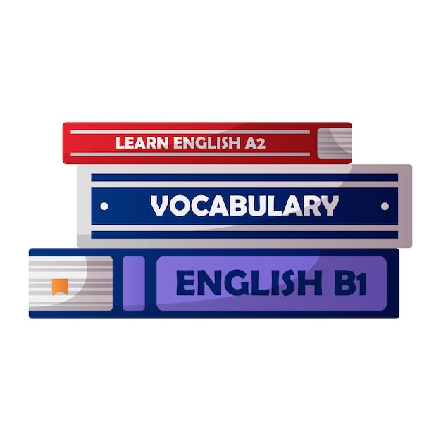Vector pila de libros en inglés, diccionario británico de glosario de internet, curso de club de escuela de idioma inglés