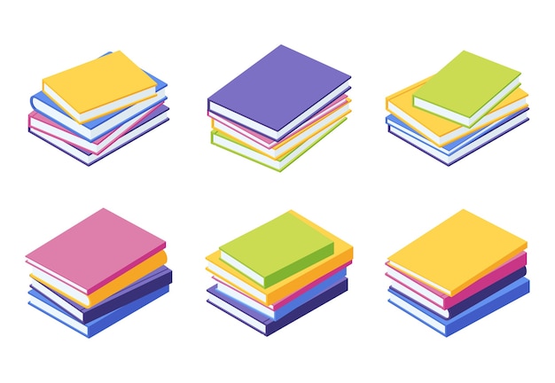 Vector pila de libros isométrica - conjunto de ilustración de pilas de papeles de colores tumbados