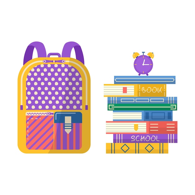 Pila de libros con mochila y reloj. Inscripción del club de lectura para invitación, promoción, impresiones, folletos, portadas y carteles. Ilustración de vector de pila de libros.