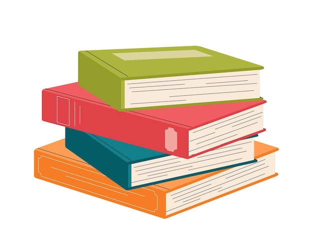 Pila de libros, pegatina, concepto, pila, de, libros de texto, y, ficciones, knowldege, e, información, librería, y, biblioteca, plantilla, y, simulacro, caricatura, plano, vector, ilustración, aislado, blanco, plano de fondo