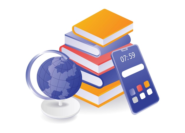Pila de libros smartphone con ilustración del concepto del globo