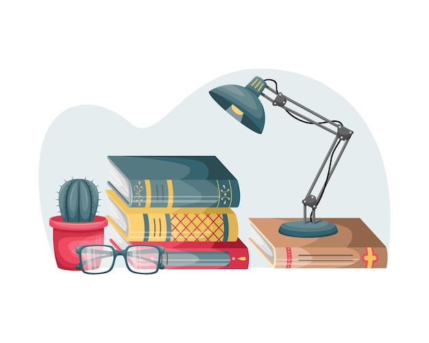 Una pila de libros sobre una mesa con una lámpara de lectura, una flor en una maceta y vasos. Libros en el interior. Educación, lectura.