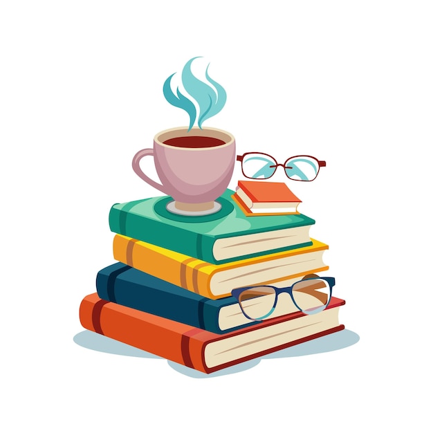 una pila de libros con una taza de café encima de ellos