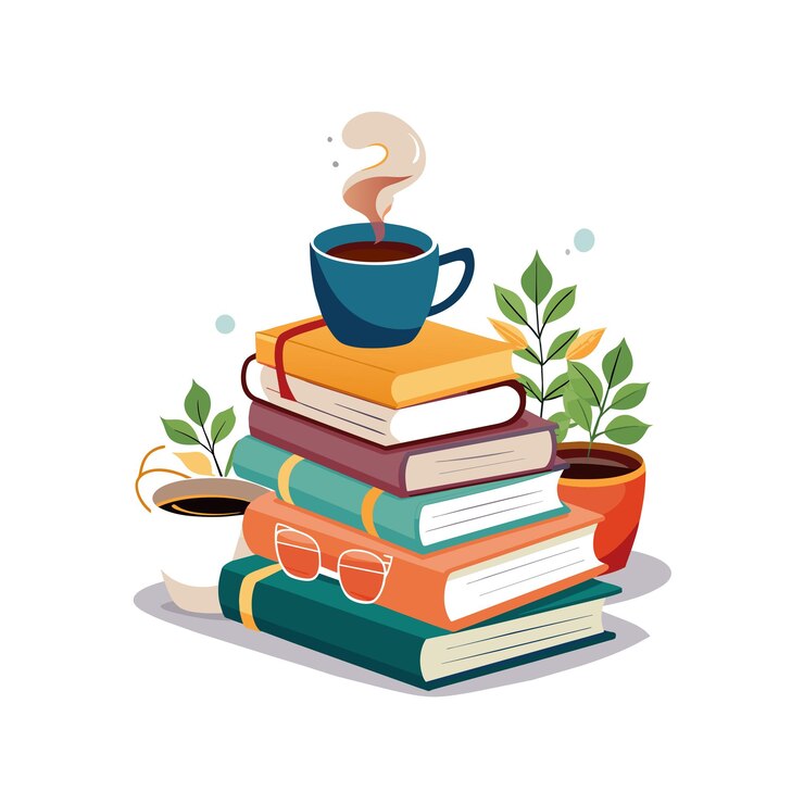 Vector una pila de libros con una taza de café encima de ellos