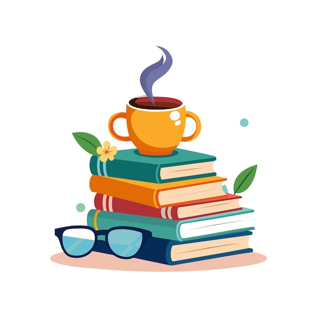una pila de libros con una taza de café en la parte superior