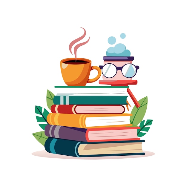 Una pila de libros con una taza de café y una pila de libros