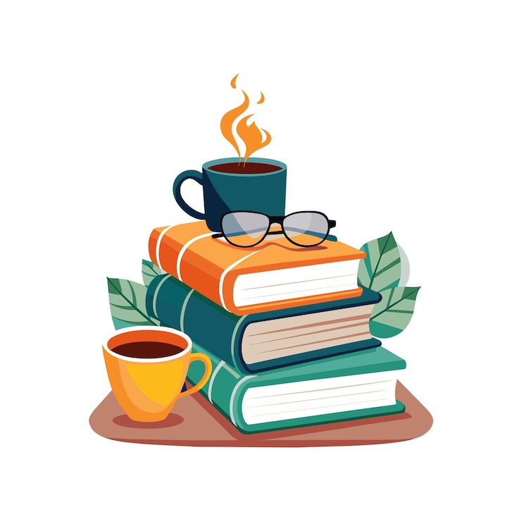 Vector una pila de libros con una taza de café y una pila de libros