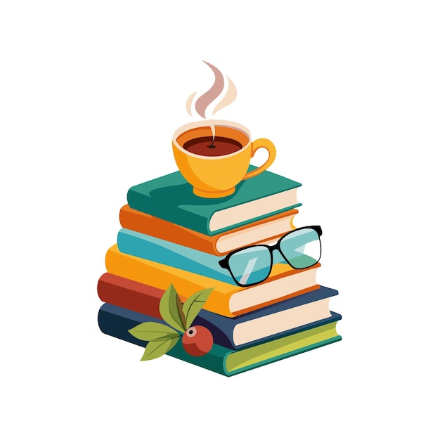 Una pila de libros con una taza de café y una pila de libros