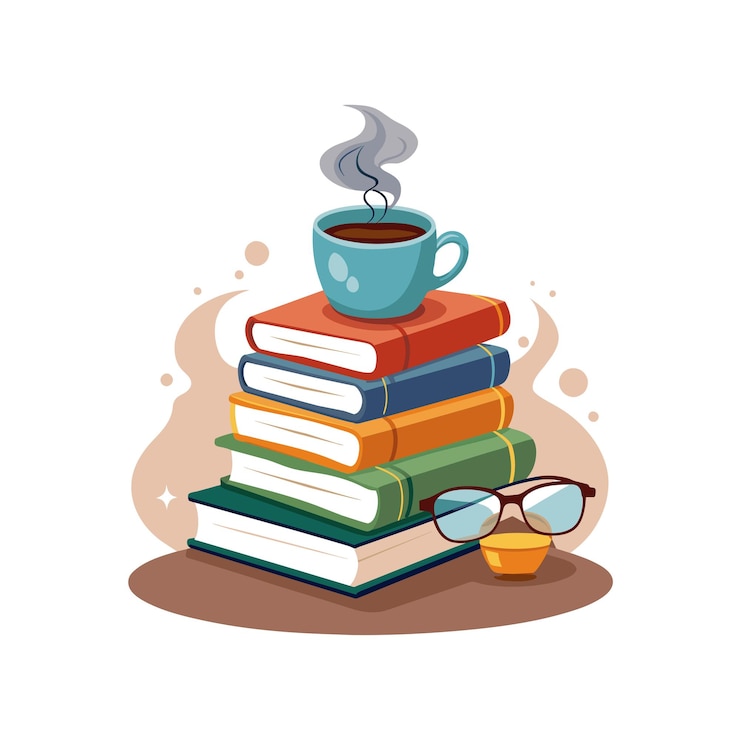 Vector una pila de libros con una taza de café y una pila de libros