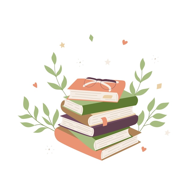 Pila de libros con vasos ramitas corazones Montón de diferentes libros de tapa dura de papel con marcadores Elemento decorativo Color Plano dibujos animados vector ilustración aislado en un fondo blanco
