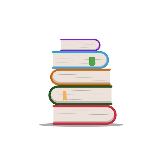 Una pila de libros vectoriales de dibujos animados Libros de estudiantes en portadas brillantes con marcadores