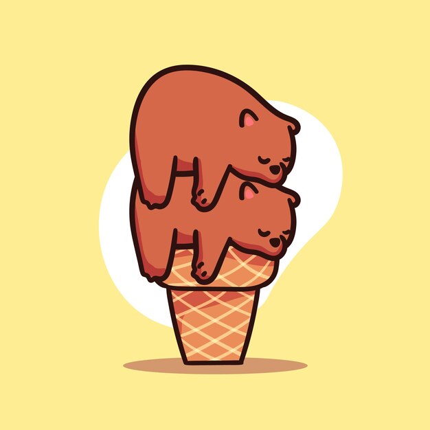 Pila de lindo personaje de oso pardo durmiendo en la ilustración de cono de helado