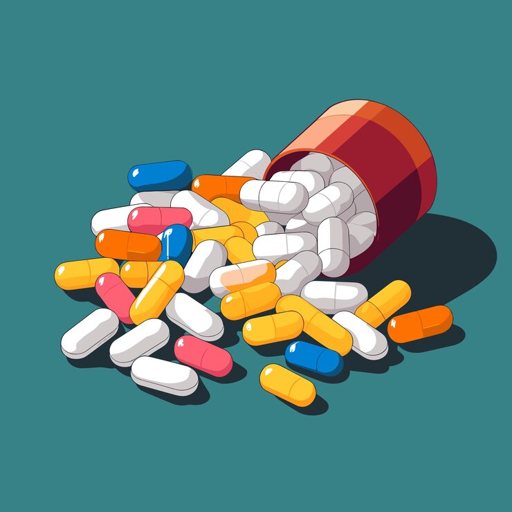 Vector una pila de medicamentos y pastillas sobre un fondo azul píldora médica símbolo de la farmacia de la tableta ilustración vectorial