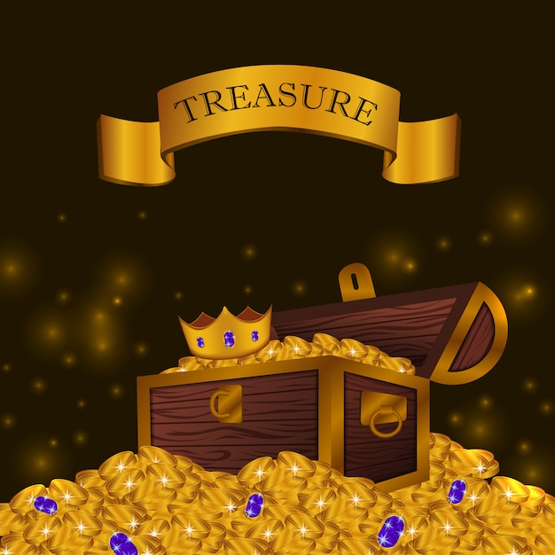 Vector pila de moneda de oro con caja de tesoro con corona