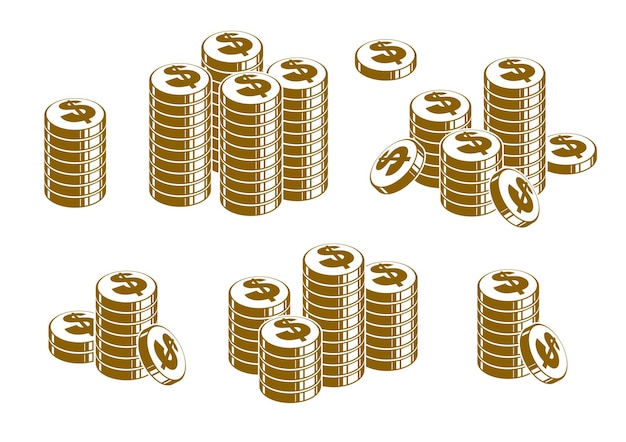 Vector pila de monedas dinero en efectivo o fichas de casino vida muerta, conjunto de iconos vectoriales, colección de ilustraciones o logotipos, concepto de ingresos o impuestos, montón de centavos.