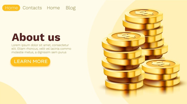 Pila de monedas de un dólar de oro aislado en blanco. Plantilla de página de destino
