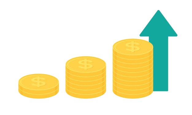 Pila de monedas de dólar de oro con flecha verde hacia arriba Concepto de crecimiento empresarial