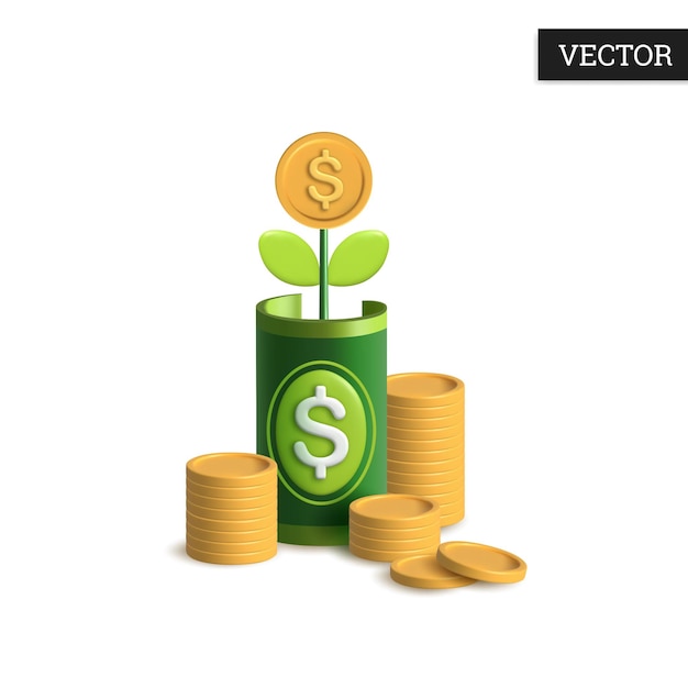 Vector pila, de, monedas, y, dólar, vector, 3d, icono, caricatura, ilustración, de, dinero, crecimiento