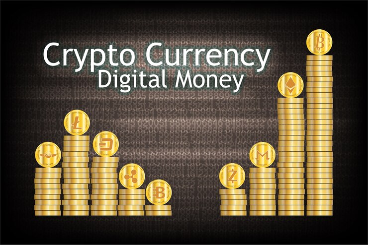 Vector pila de monedas de oro de criptomonedas.