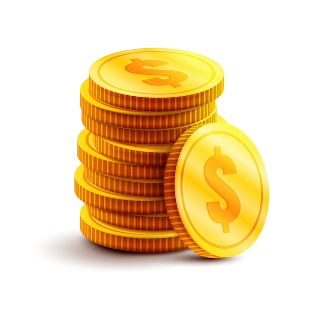 Pila de monedas de oro con signo de dólar. ilustración de dinero aislado en blanco