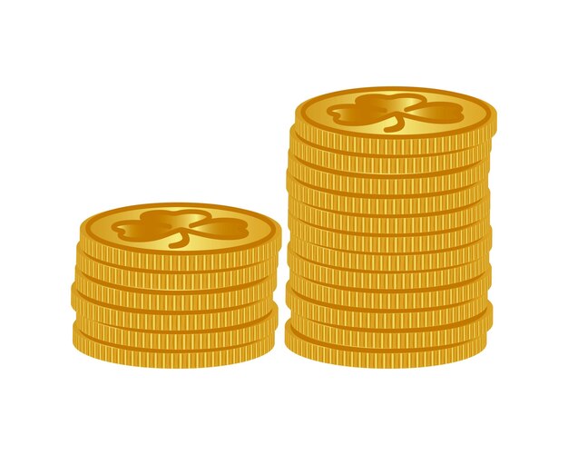 Pila de monedas de oro con trébol aislado en blanco. Oro con trébol. ilustración vectorial
