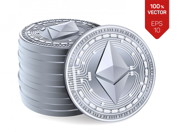 Pila de monedas de plata con el símbolo ethereum aislado sobre fondo blanco.