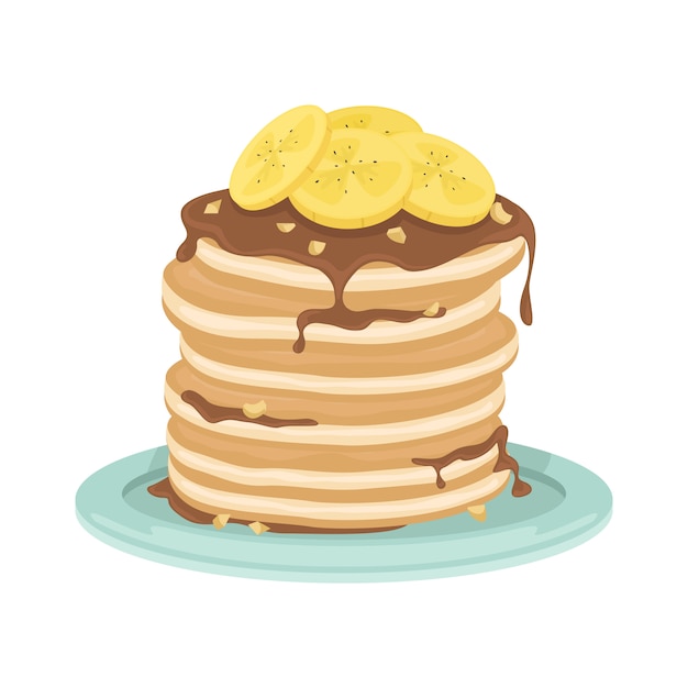 Una pila de panqueques fritos con plátanos, salsa de chocolate y nueces. Desayuno delicioso. Ilustración de dibujos animados