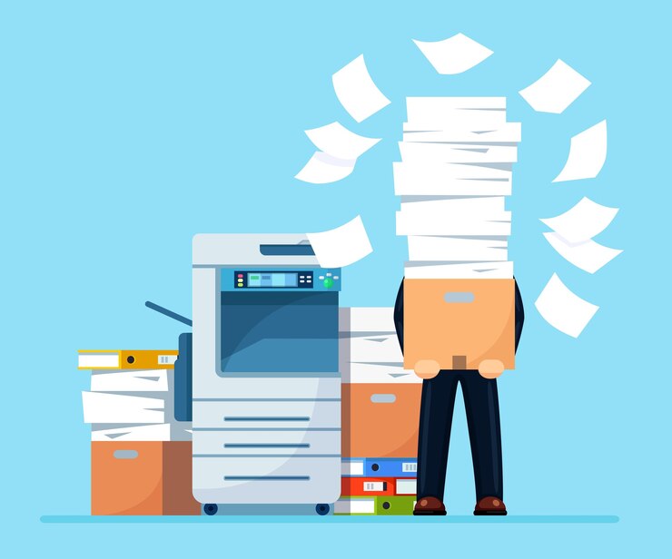 Vector pila de papel, empresario ocupado con pila de documentos. papeleo con impresora