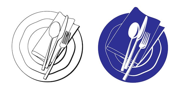 Pila de placa platillo cuchara tenedor cuchillo servilleta ilustración vectorial en versión blanca y azul